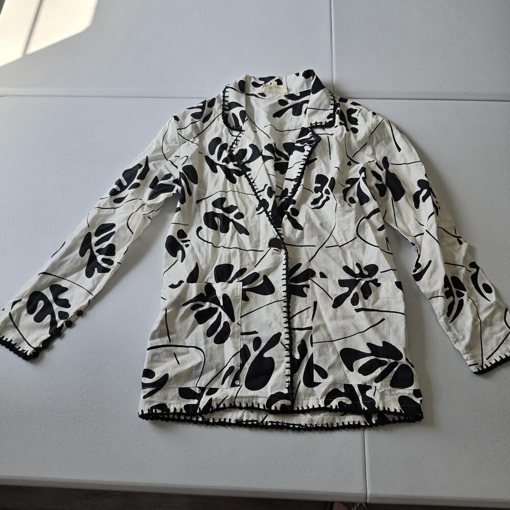 Chasing Unicorns Blazer Womens Small White Black Leaf Print Linen Cotton Boho